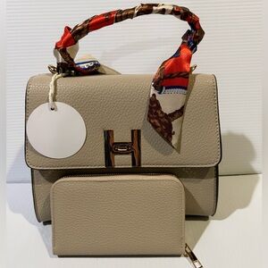 NWT Vegan Taupe Handbag with FREE Crossbody Strap, Decorative Twilly and Wallet